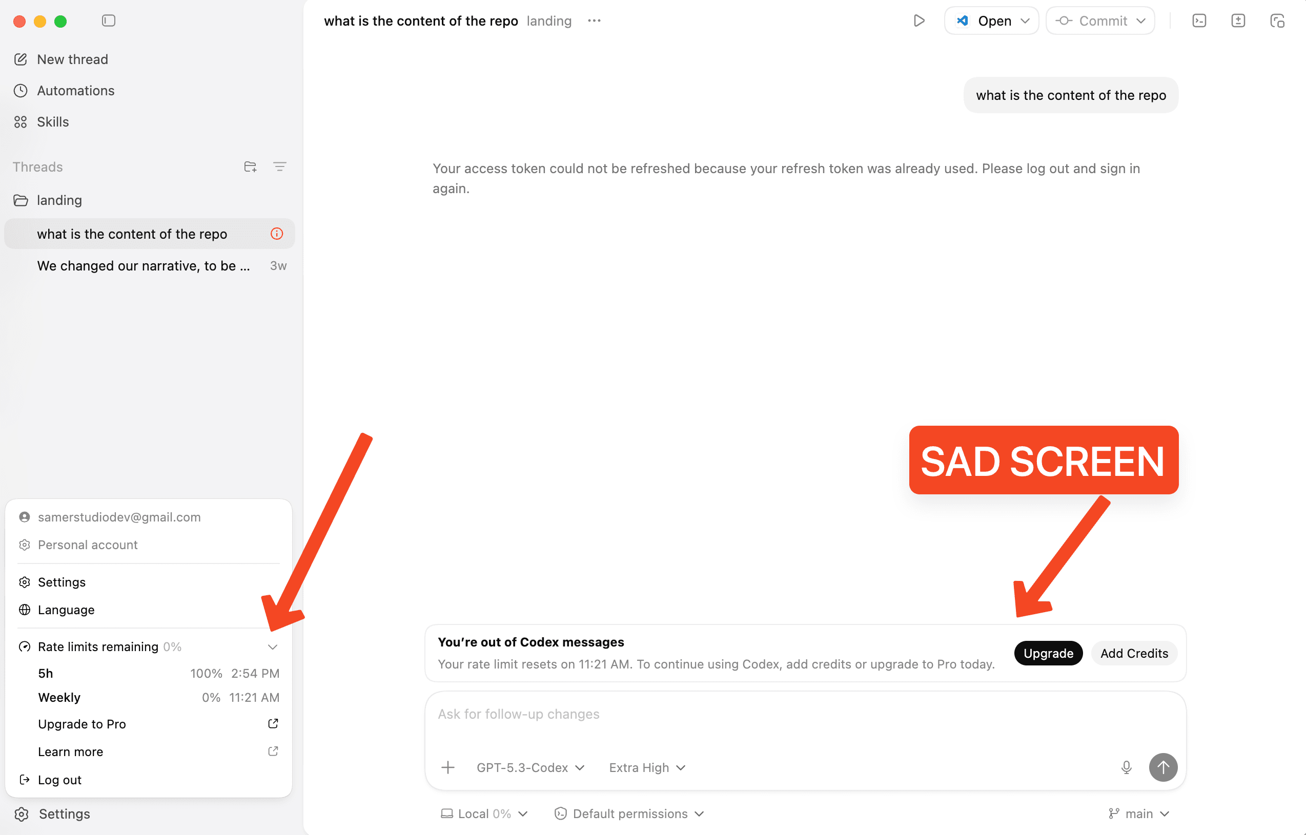 Codex desktop app sidebar showing rate limits remaining with 5h and weekly usage breakdown